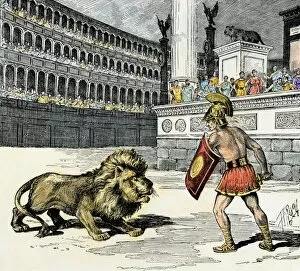 Lion Gallery: Lion and a prisoner facing off in ancient Rome