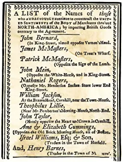 Tax Protest Prints: List of Boston merchants to be boycotted for importing British goods