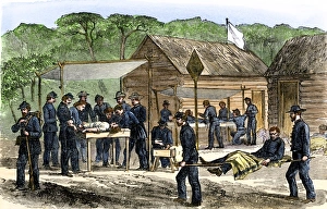 Union Army Prints: Litter-bearers bringing wounded men to a Union army field hospital after a
