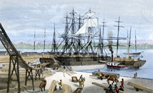 British Columbia Prints: Loading lumber onto ships in Puget Sound