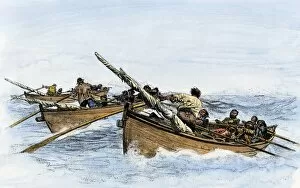 Rudder Collection: Longboats pursuing a whale, 1800s