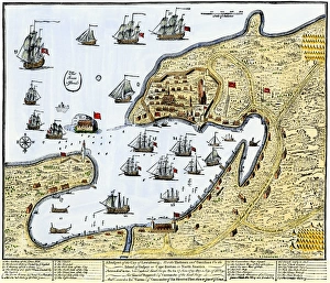 French Canadian Prints: Louisbourg, Canada, besieged by New Englanders under the British flag
