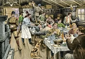 Oregon Gallery: Lumberjacks having dinner, 1800s