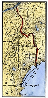 Map of Benedict Arnolds route to invade Quebec during the American Revolution