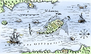 Canadian History Prints: Map of Champlains settlement on the Isle de Sainte Croix