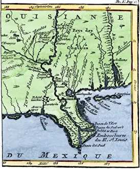 Louisiana Prints: Map of Louisiana, 1744, showing the mouths of the Mississippi River while part of New France