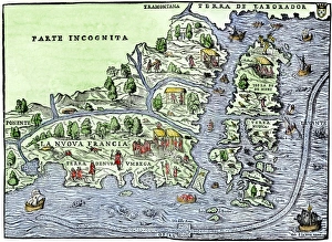 Canadian History Prints: Map of New France, 1550, showing the coast of Canada and the Gulf of Saint Lawrence Hand-colored woodcut