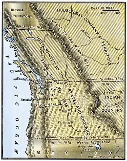 British Columbia Prints: Map of Oregon Territory showing boundary of US with English Canada under