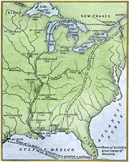 Michigan Prints: Map showing the route of La Salles explorations in North America