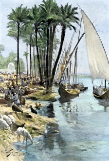 Egypt Prints: Market scene on the banks of the Nile River