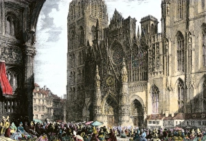World Places:historical View Prints: Marketplace on the street in front of Rouen Cathedral