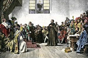 Roman Catholic Prints: Martin Luther defending his views at the Diet of Worms