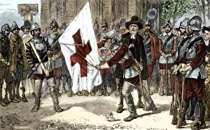American history Gallery: Massachusetts Puritans removing the cross from the English flag