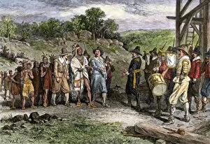 Pilgrim Collection: Massasoit visiting Plymouth colonists