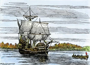 Ship Gallery: Mayflower passengers landing at Plymouth, 1620