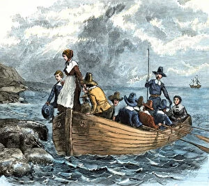 Settler Gallery: Mayflower passengers landing at Plymouth Rock, 1620