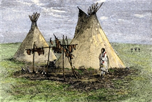 Montana Prints: Meat strips drying to make jerky outside a tepee on the plains