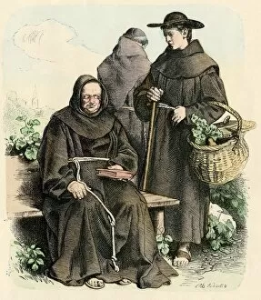 Monk Collection: Medieval monks gardening vegetables