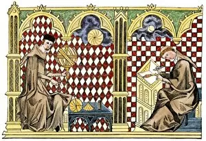 Manuscript Collection: Medieval monks studying geometry and copying a manuscript