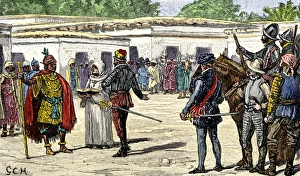 Meeting between Spanish conqueror Pizarro and Inca leader Atahualpa