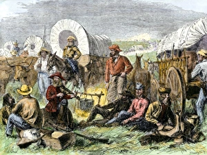 Pioneer Prints: Men around a wagon train campfire at night