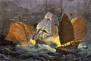 East India Company Gallery: Merchant ship attacked by Chinese pirates