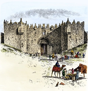 World Places:historical View Prints: Merchants and camel caravans outside the Damascus Gate