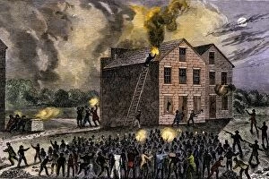 Black History Collection: Mob burning abolitionist Elijah Lovejoys print-shop, Illinois, 1835