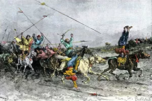 Eurasian Tribe Gallery: Mongol soldiers demonstrating their horsemanship