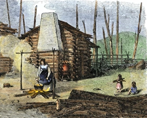 Pioneer Prints: Mother and children doing chores near their log cabin in a clearing