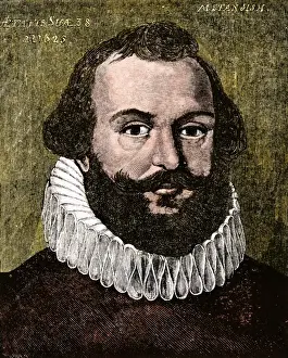 Colonist Prints: Myles Standish. Hand-colored woodcut reproduction of a portrait