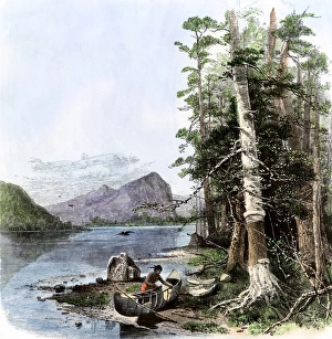Birchbark Canoe Prints: Native American building a birchbark canoe on the shore of a waterway