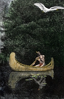 Birchbark Canoe Prints: Native American canoeing, watching a snow goose take flight