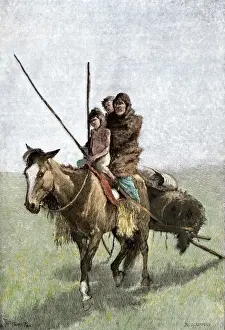 Native American family traveling on a horse and pulling a travois