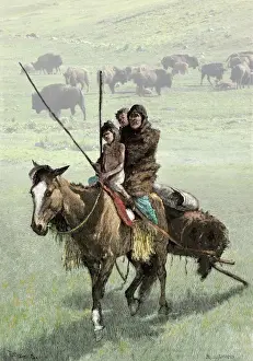 Dakotas Prints: Native American family traveling on a travois poney on the prairie