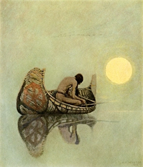 Fisherman Prints: Native American fishing in a birchbark canoe