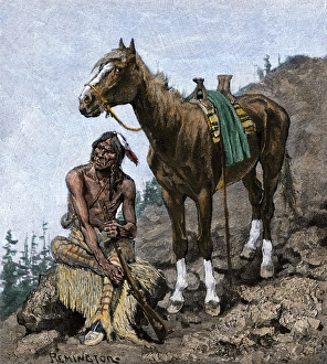 Montana Prints: Native American with his horse on a trail in the Rocky Mountains
