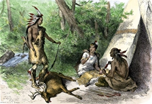 Hunting Prints: Native American hunter bringing deer to his forest dwelling