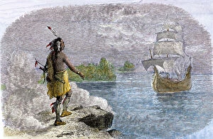 Plymouth Colony Collection: Native American seeing the Mayflower arrive