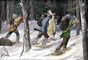 Native American trappers carrying furs on snowshoes in a forest of the Pacific