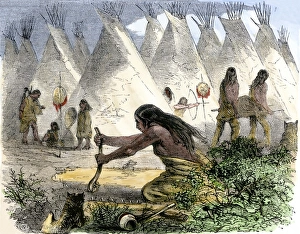 Bison Prints: Native American women curing buffalo hides in a tepee village