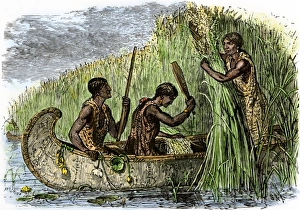Food Prints: Native American women gathering wild rice by threshing it into their canoe