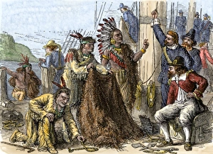 Native Americans aboard ship to trade their furs to Europeans