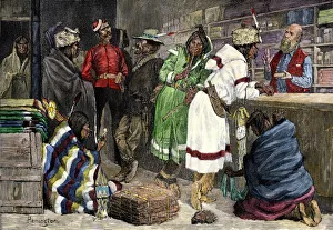 Native Americans exchanging furs for goods at a Hudson Bay Company post