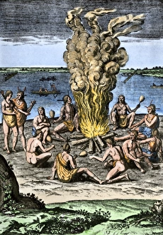 Atlantic Ocean Prints: Native Americans around a fire on the Virginia/North Carolina coast