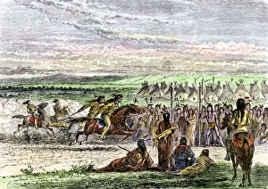Gallop Prints: Native Americans horse-racing near their village on the Great Plains