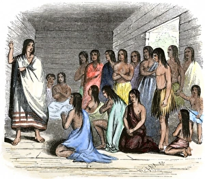 Roman Catholic Prints: Native Americans under instruction in a Spanish mission