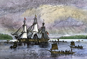 British Columbia Prints: Native Americans paddling canoes to a trading ship on the Pacific Northwest