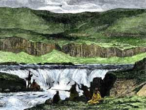 Fisherman Prints: Native Americans using spears during fish run
