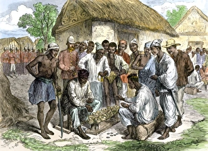 Native soldiers playing at warry in Ashanti Colony